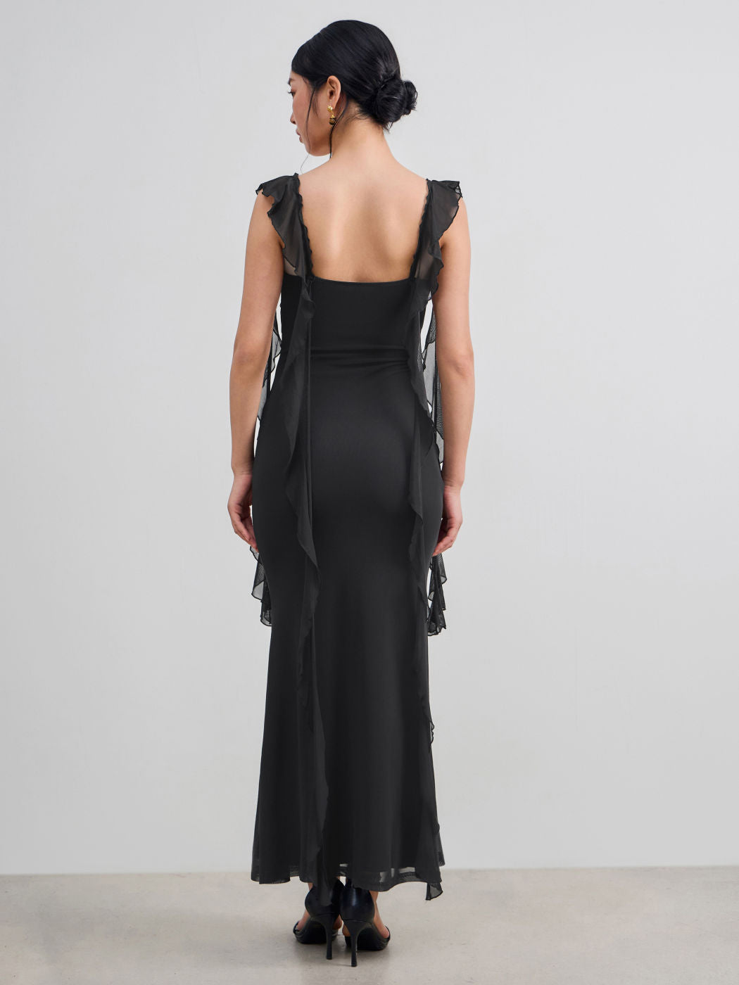 Vestido Maxi de Malla con Borde de Volantes