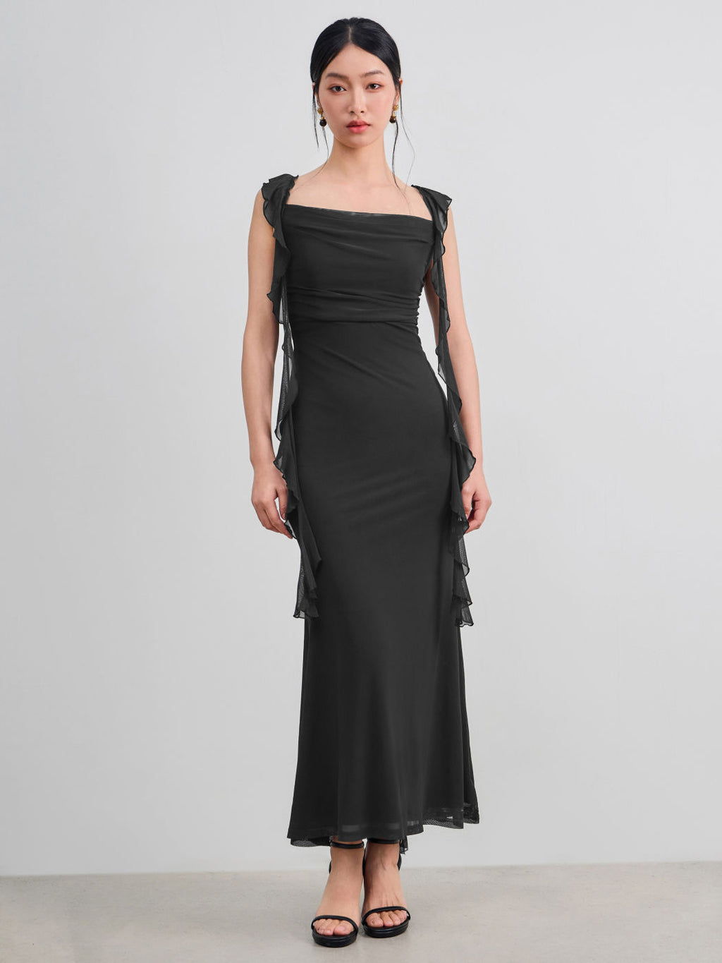 Vestido Maxi de Malla con Borde de Volantes