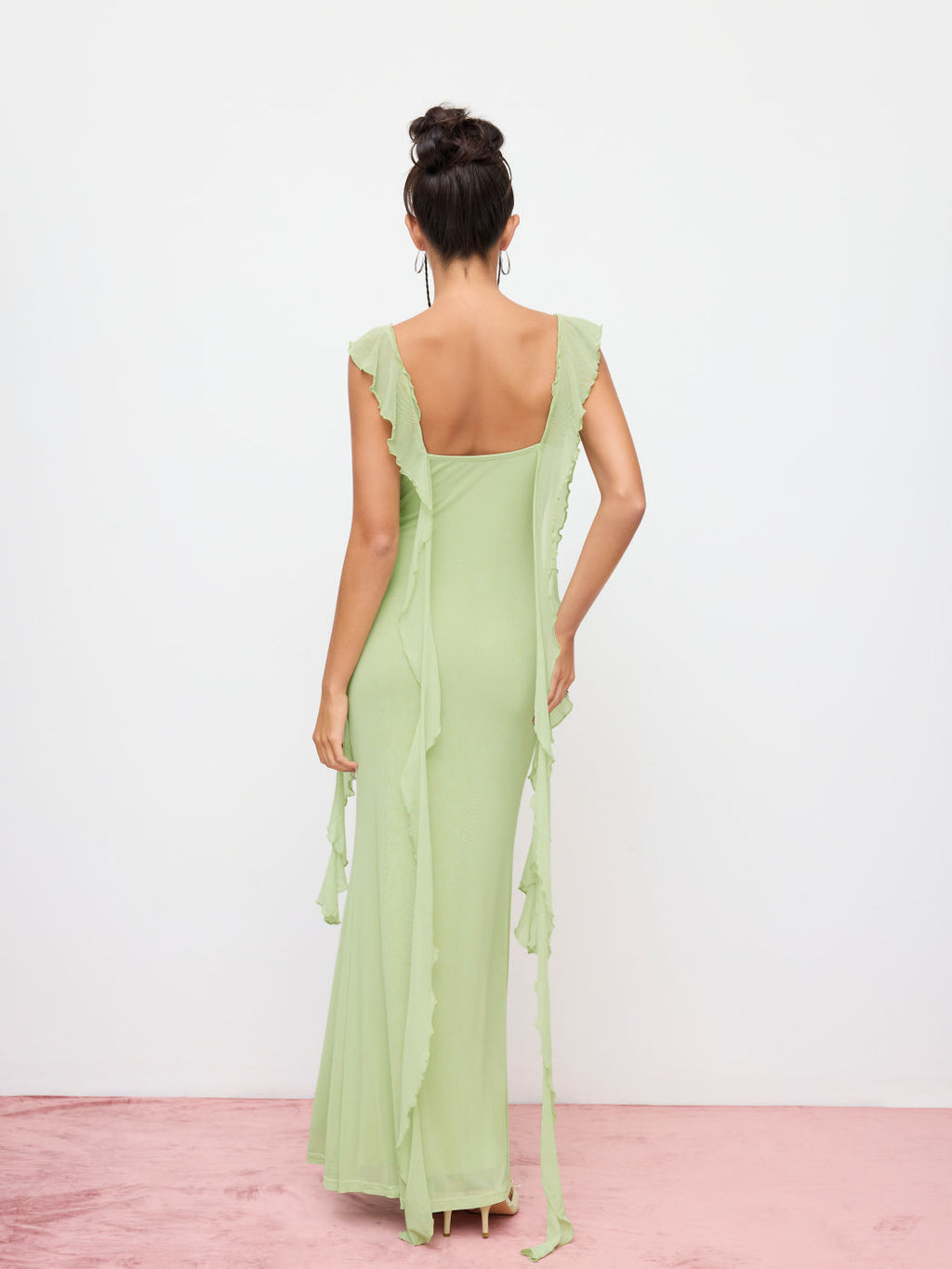 Vestido Maxi de Malla con Borde de Volantes