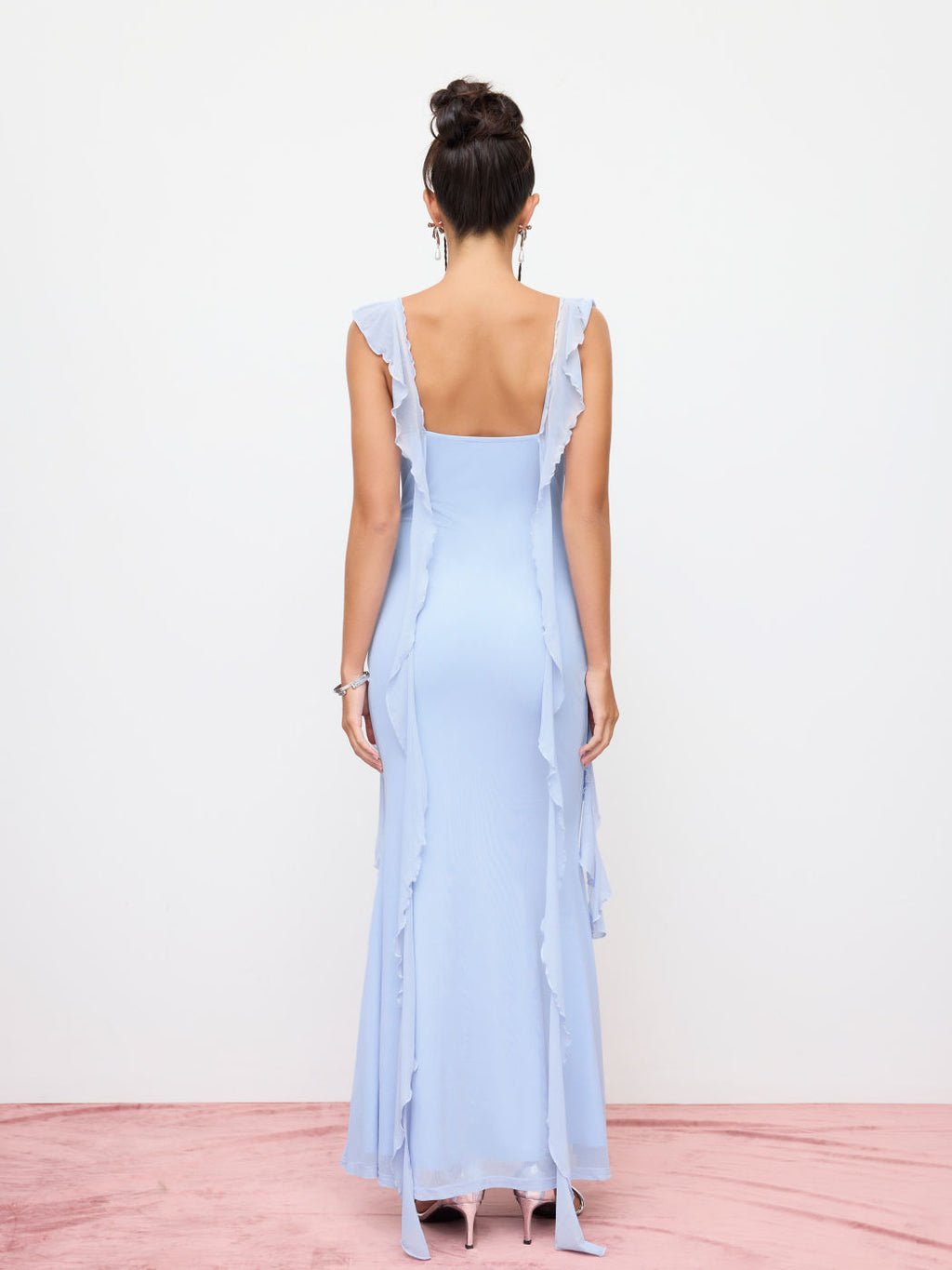 Vestido Maxi de Malla con Borde de Volantes