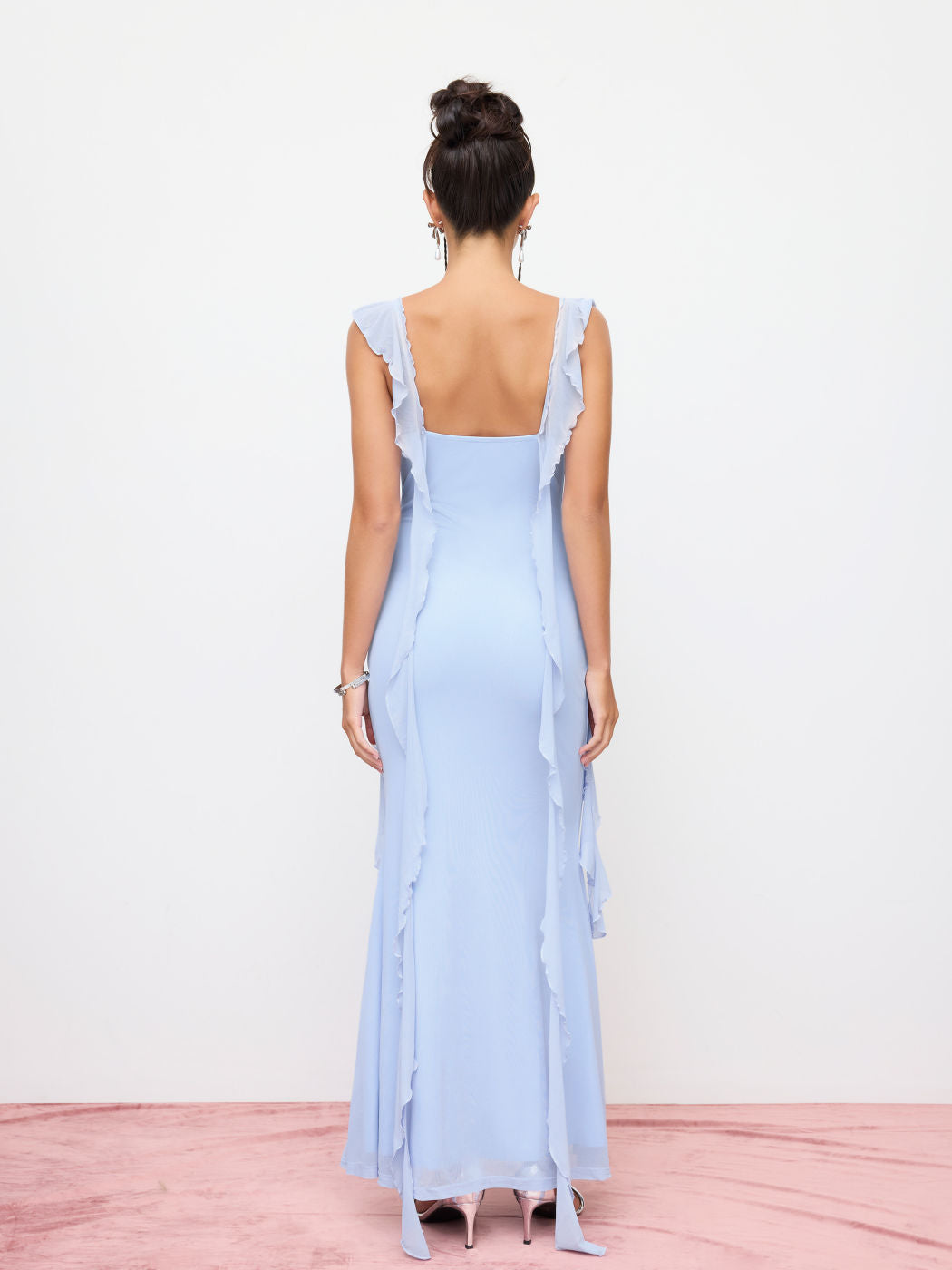 Vestido Maxi de Malla con Borde de Volantes