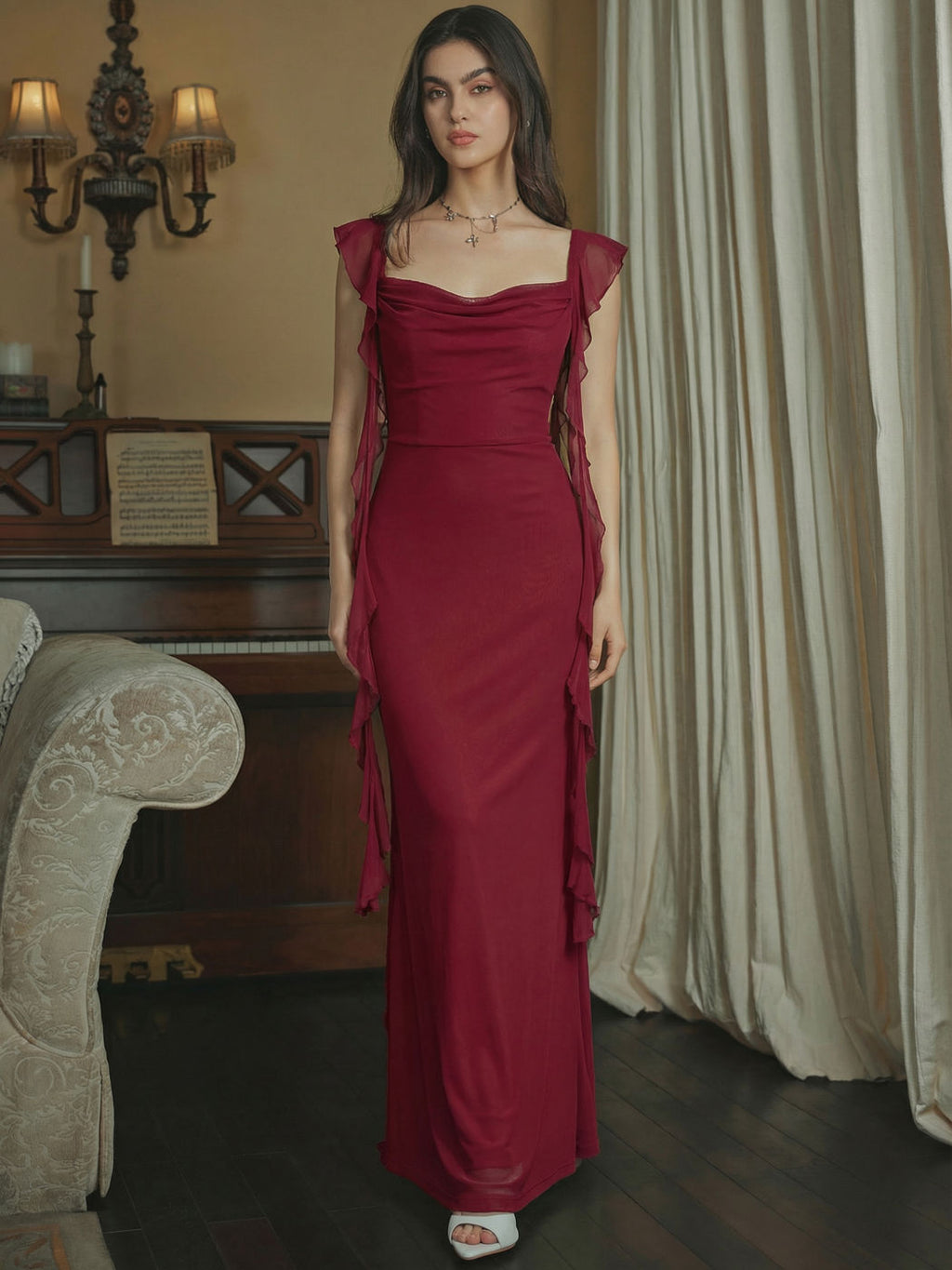 Vestido Maxi de Malla con Borde de Volantes