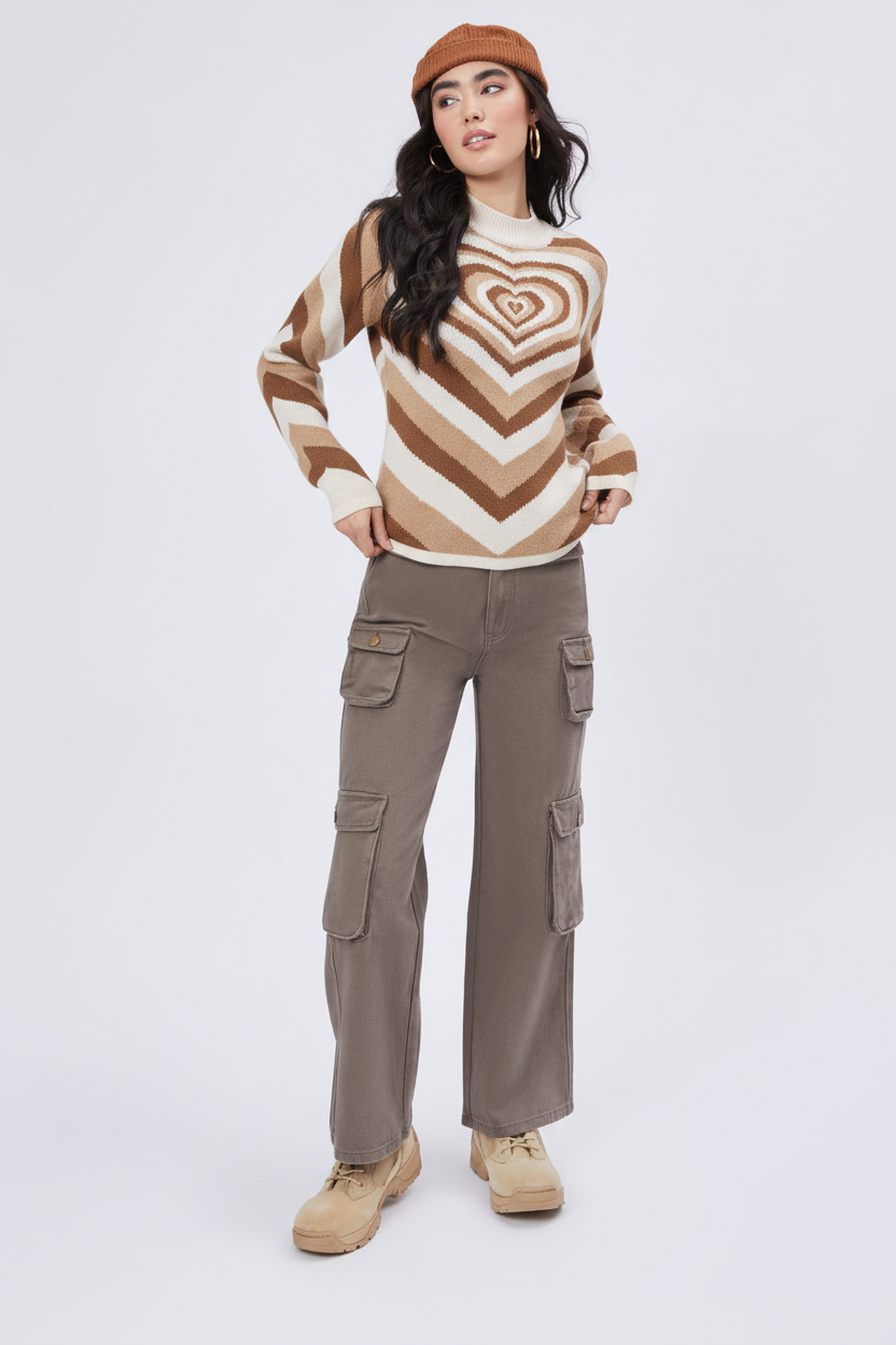 Modelo con jersey marrón de corazones