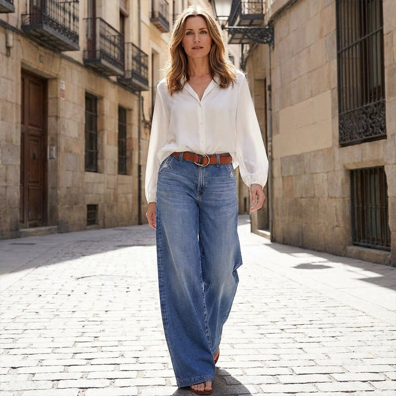 Vaqueros vintage de cintura alta y pierna ancha para mujer